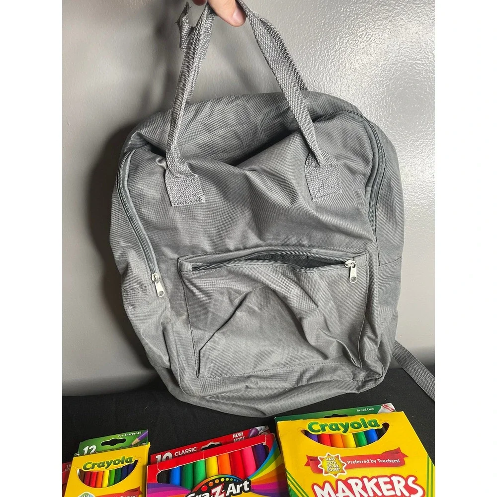 School Supply Bundle Grey Backpack Crayola Markers Pencils Paper Glue 40+ Pieces